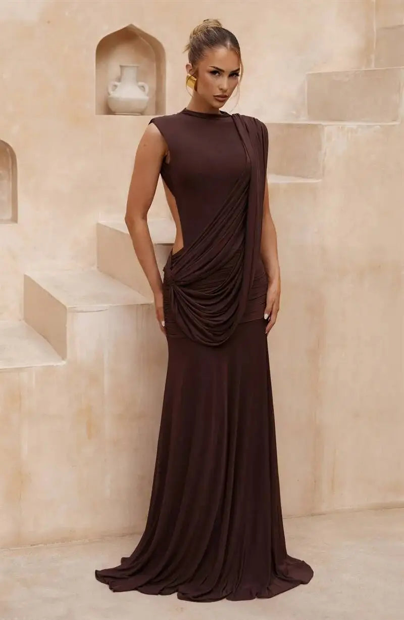 Brown draped neckline cutout maxi dress