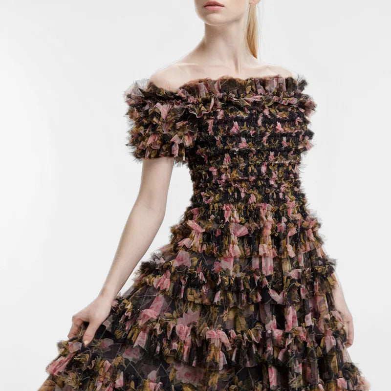 Woman wearing a floral off-shoulder dress