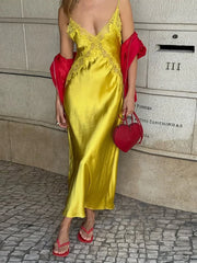 Satin Slip Lace Trim Straps V-neck Long Dress