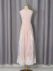 Pink Lace V-Neck Tulle Maxi Dress