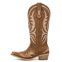 Brown cowboy boot with intricate white embroidery on a white background