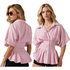 Pink striped shirt worn by a model on a white background