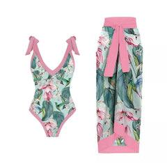 Tie-Strap V-Neck One-Piece Swimsuit with Matching Sarong Set