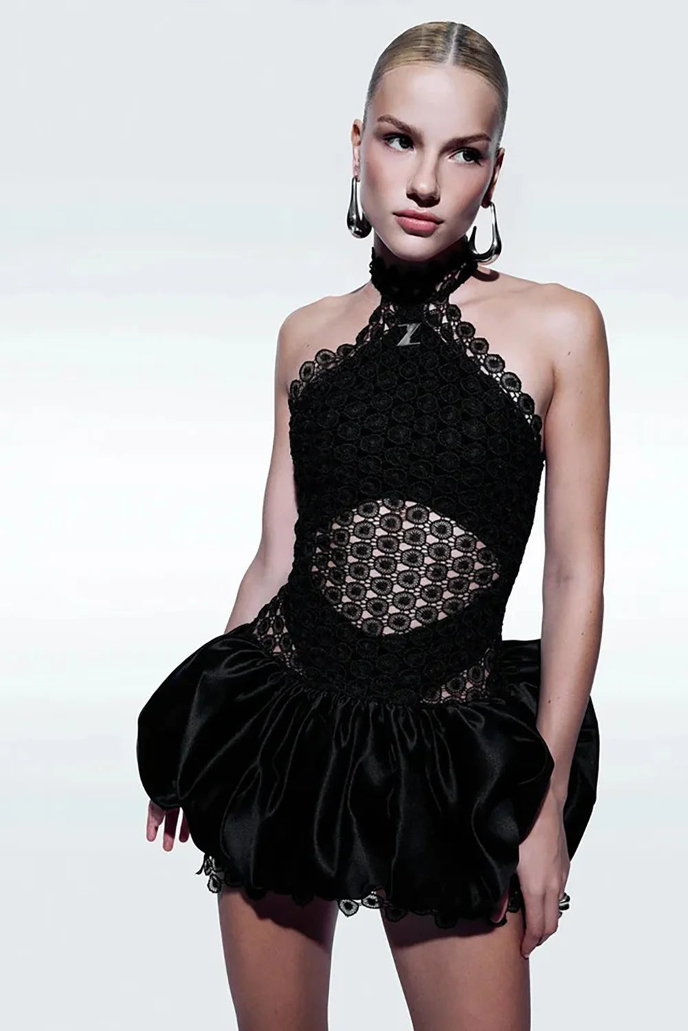 Black lace halter neck puffy mini dress front view