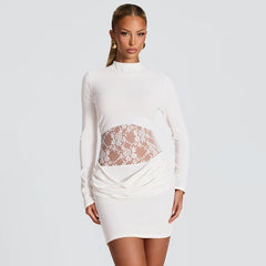 Lace Waist Bodycon Mini Dress with Sculpted Long Sleeves