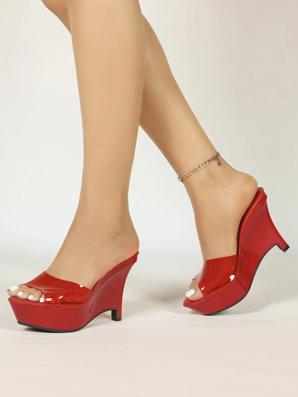 Red transparent platform wedge heels from side