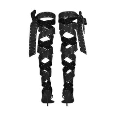 Studded Lace-Up Thigh-High Heels