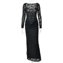 Black Lace Sheer Long Sleeve Ruched Maxi Dress