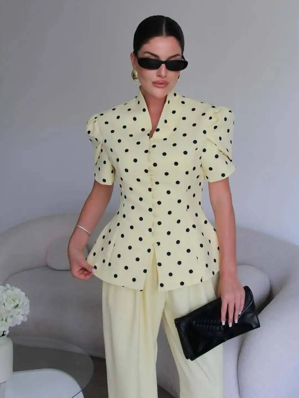 Polka dot puff sleeve mandarin collar top