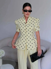 Polka dot puff sleeve mandarin collar top