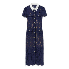 Navy lace dress with white collar on a white background