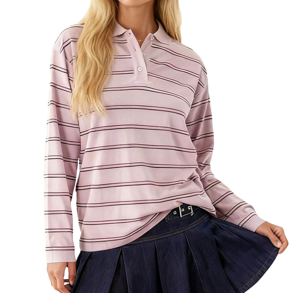 Woman wearing a pink and white striped long-sleeve shirt with a navy skirt on a white background