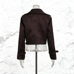 Brown jacket on a mannequin against a white marble background
