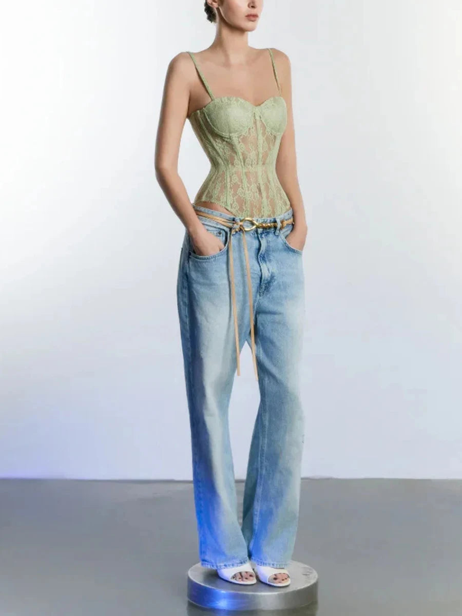 Full-length view of lace corset bodysuit with jeans