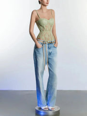 Full-length view of lace corset bodysuit with jeans