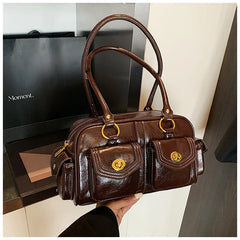 Microfiber Leather Vintage Pocket Satchel – Black & Burgundy