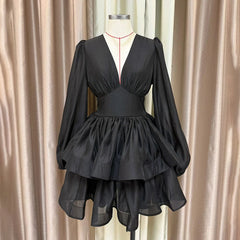 V-Neck Puff Sleeve Tiered Mini Dress
