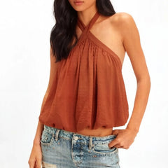 Rust criss-cross halter neck gathered crop top