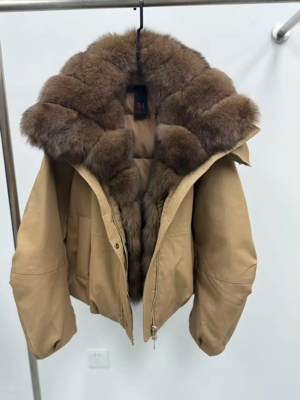 Khaki real fur hooded jacket