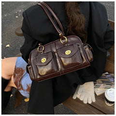 Microfiber Leather Vintage Pocket Satchel – Black & Burgundy