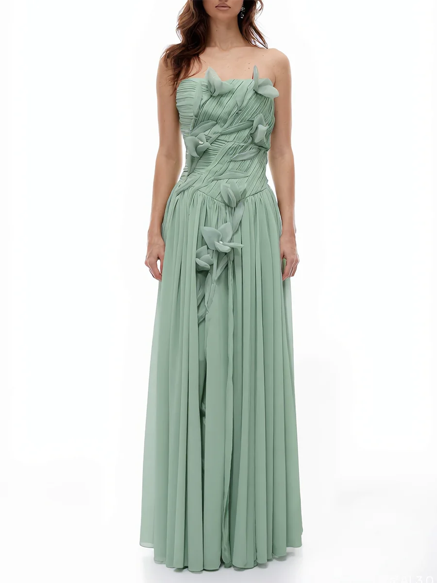 Strapless ruffled floral applique ankle-length gown