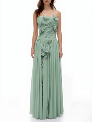 Strapless ruffled floral applique ankle-length gown