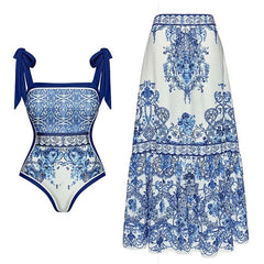 Ruffled Floral Print One-Piece Swimsuit and Maxi Skirt Set