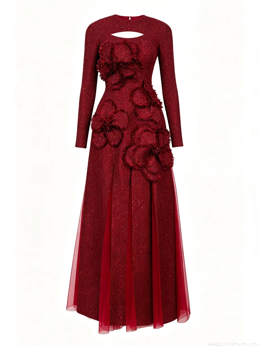 Front view of a red sequin maxi dress with floral appliqué
