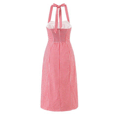 Red and white checkered dress with lace details on a white background