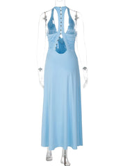 V-Neck Ruched Halter Neck Sleeveless Maxi Dress