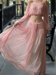 Off-Shoulder Chiffon Crop Top and Maxi Skirt