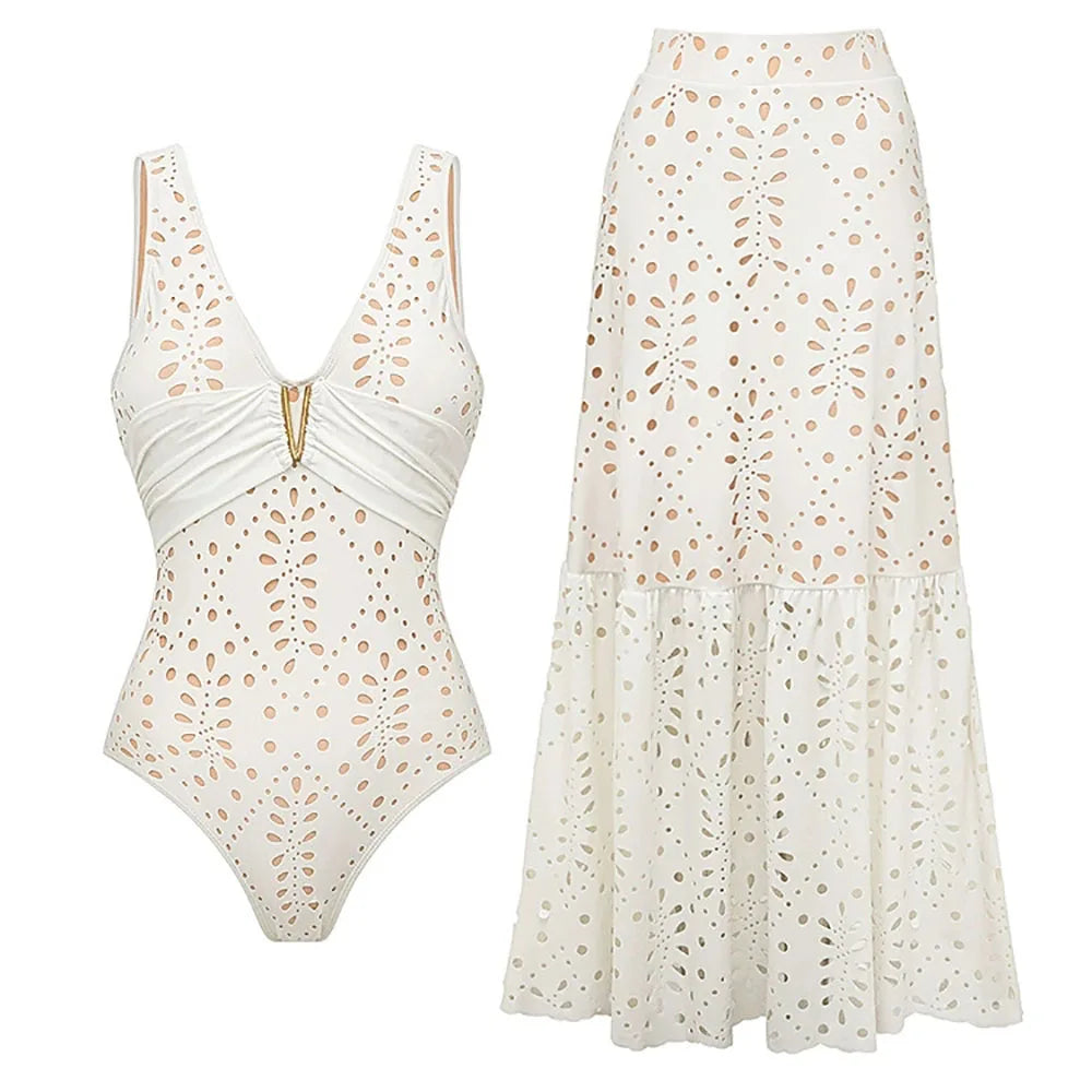 White V-neck ruched cutout one-piece swimsuit and flowing maxi skirt set