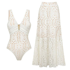 White V-neck ruched cutout one-piece swimsuit and flowing maxi skirt set