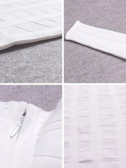 Collage of close-up details of a white jacket on a gray background