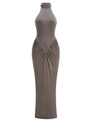 Diamond Embellished Halter Neck Ruched Floor Length Gown