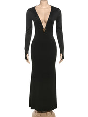 Black long-sleeve dress with a deep neckline on a mannequin against a white background