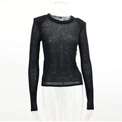 Black long-sleeve top on a mannequin against a white background