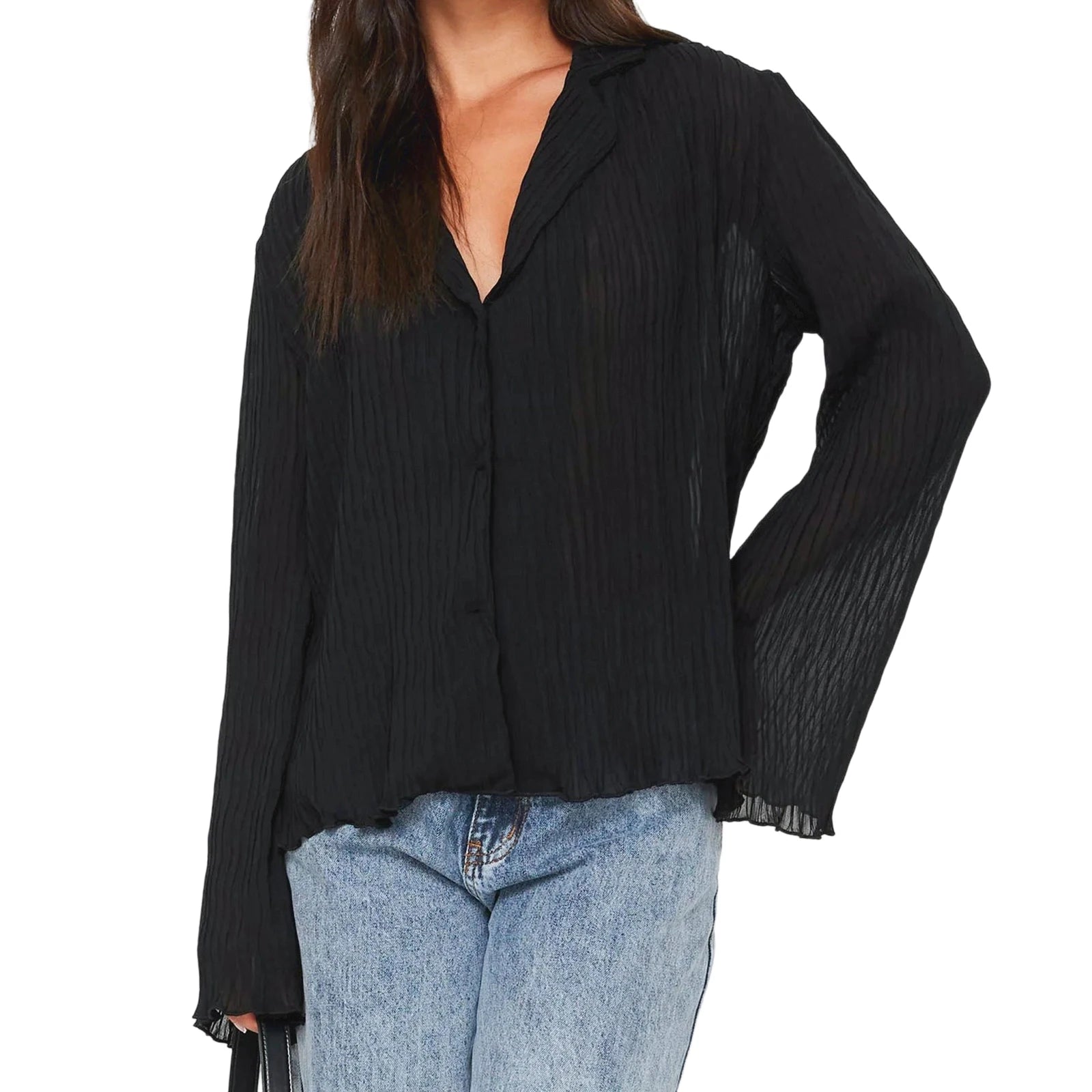 Black button-up shirt worn by a person