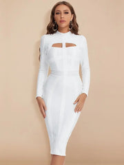 White long-sleeve dress with cut-out design on a beige background