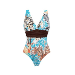 Print Halter Neck One-Piece Swimsuit with Tiered Maxi Skirt