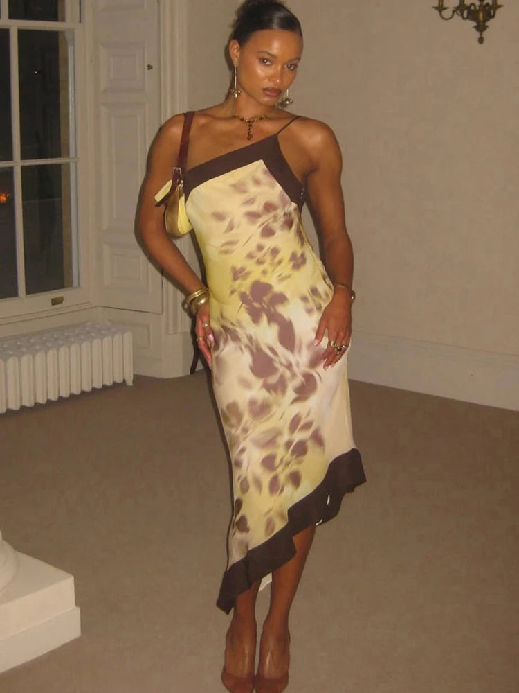 Diagonal collar plum blossom print asymmetrical hem dress