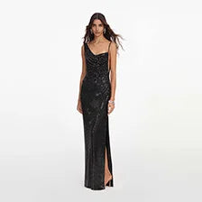 Asymmetrical neckline maxi dress with a thigh-high slit
