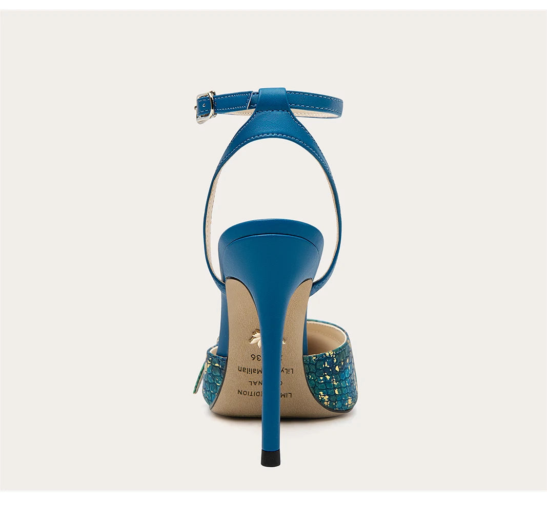 Blue high-heeled shoe on a white background