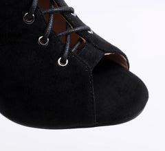 Black suede peep-toe shoe with laces on a white background
