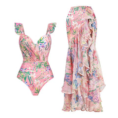 V-Neck Tie-Strap Swimsuit and Wrap Skirt Set