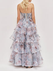 Floral print strapless ruffle maxi dress back view