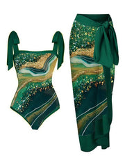 Floral Print Tie-Strap Bikini and Sarong Set