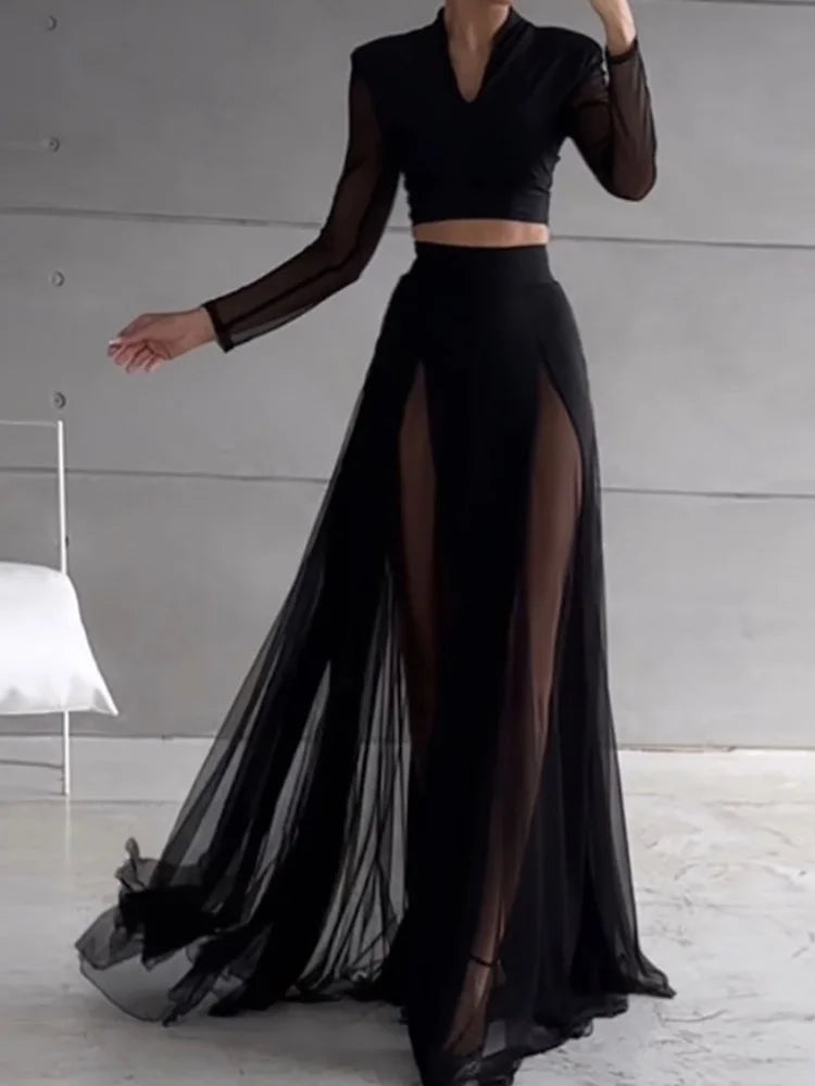 Black outfit with sheer long skirt and top on a neutral background
