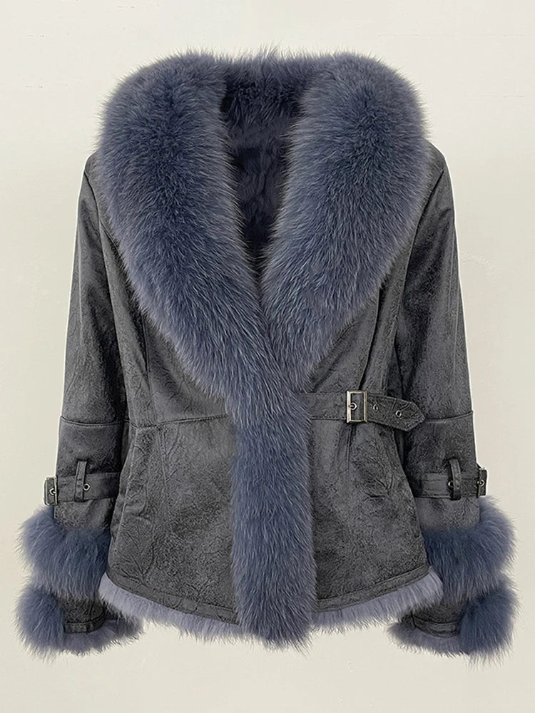 Grey shearling coat with a blue-grey fox fur collar and matching cuffs.
