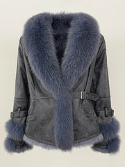 Grey shearling coat with a blue-grey fox fur collar and matching cuffs.